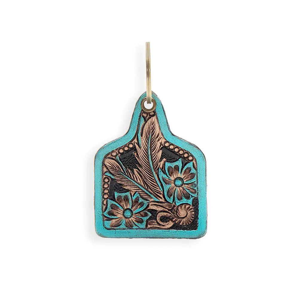 Engraved Turquoise and Bronze Leather Keychain